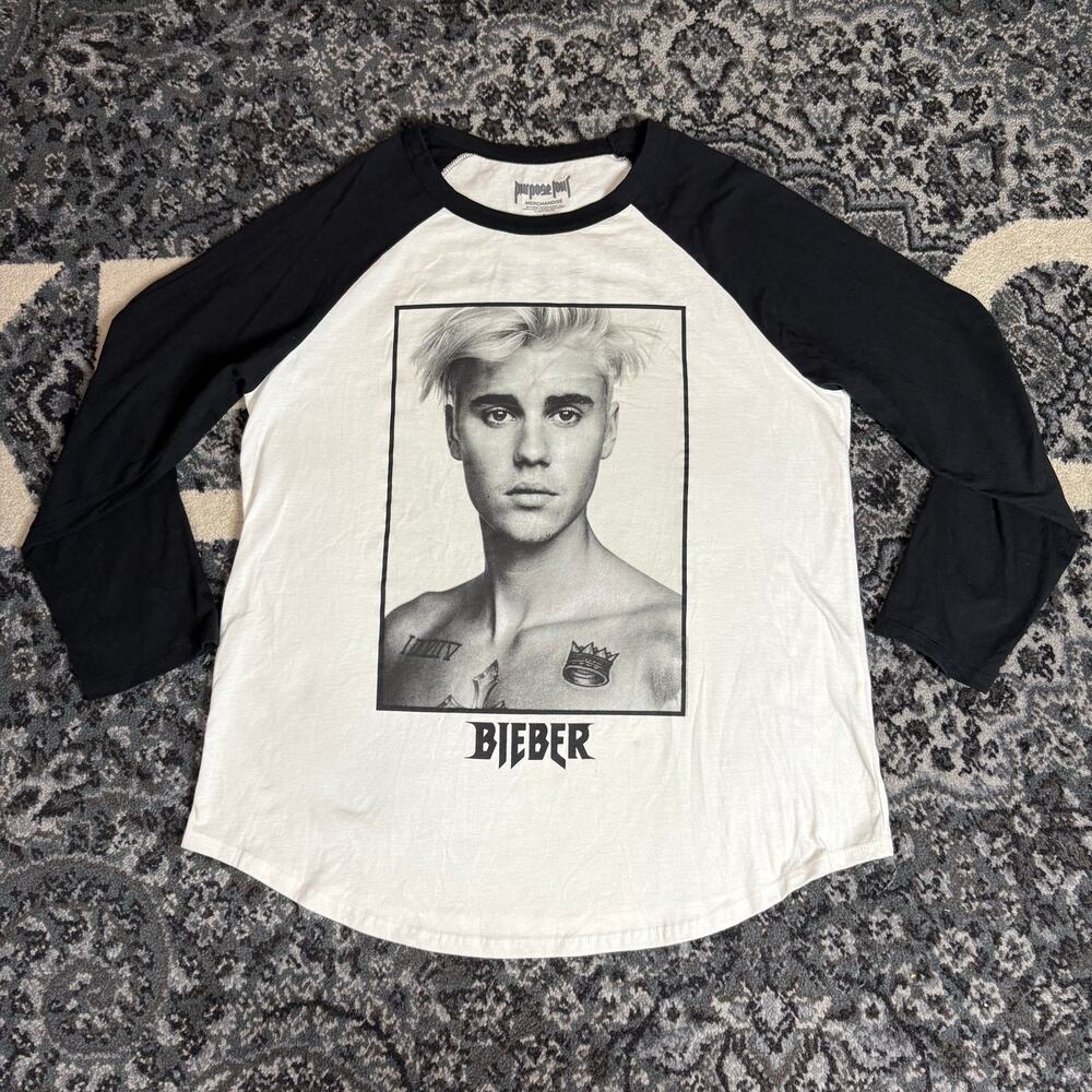 Justin Bieber Mens Portrait 3/4 Sleeve White And Black Purpose‎ Tour Sz L